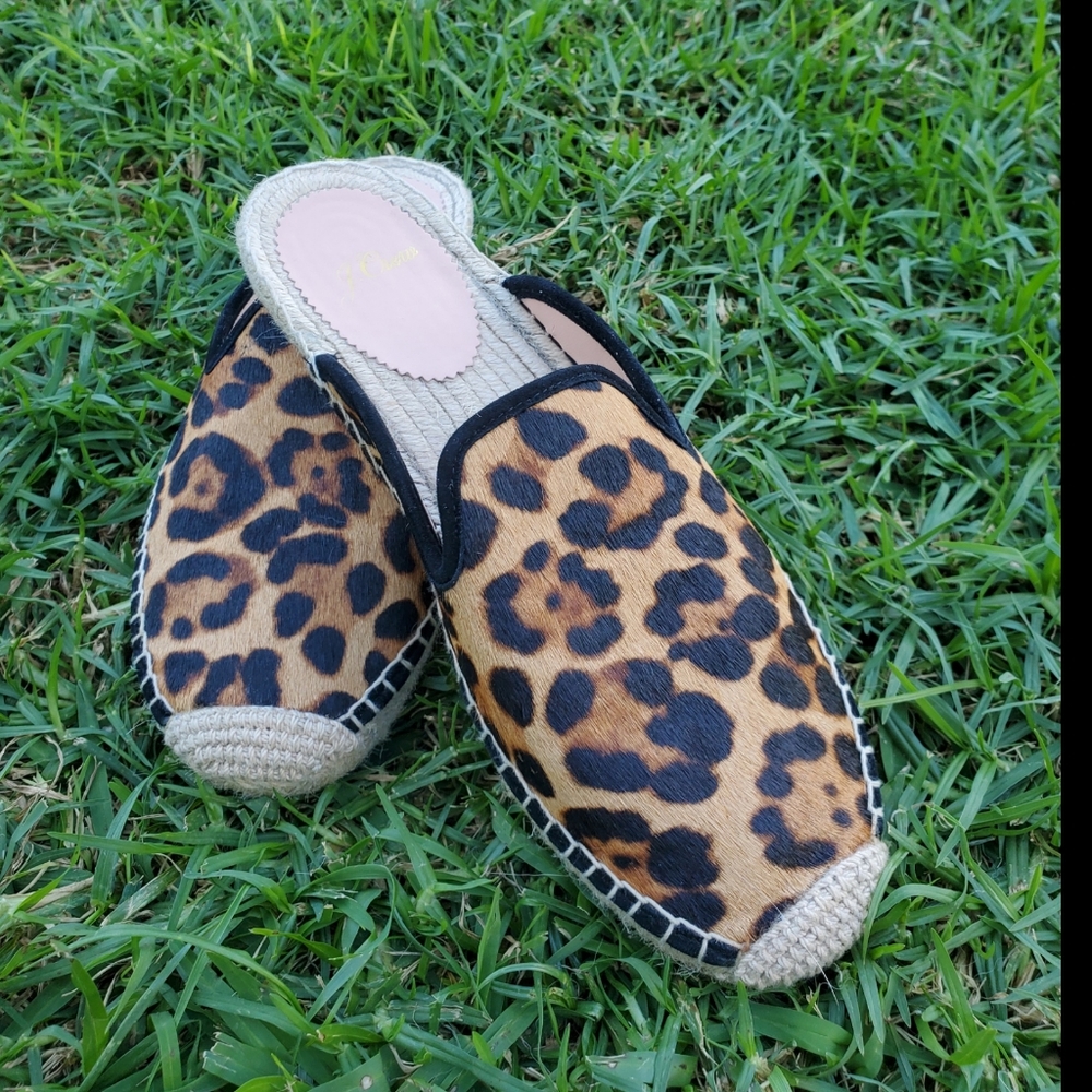 J crew calfskin leopard espadrille Mules. like new
